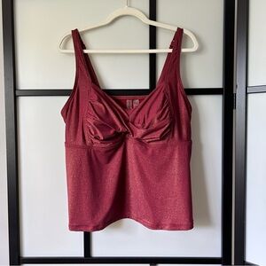 [2X] Addition Elle Maroon Red Gold Shimmering Tankini Swim Top Adjustable Straps